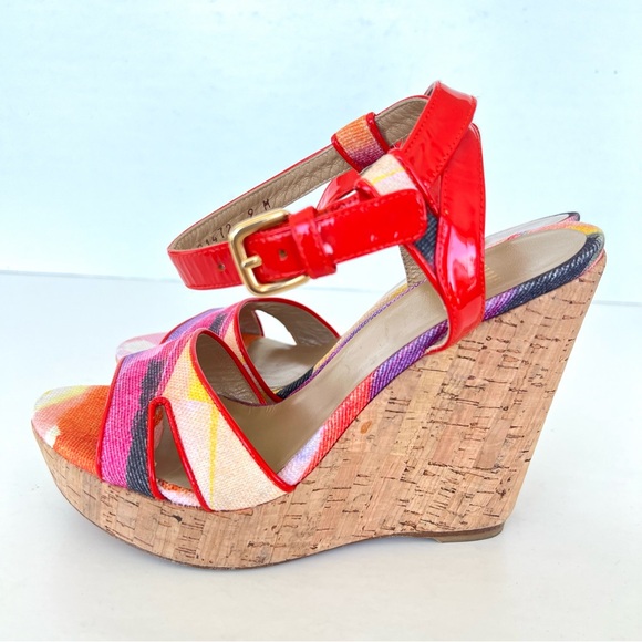 STUART WEITZMAN Orange Patent Leather w Multicolor Canvas Wedge Sandals Sz 9 M - Picture 5 of 11